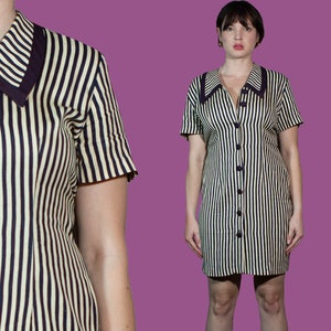 Vintage Striped dress midi nautical dress button up navy dress 80s babydoll dress with collar and stripes