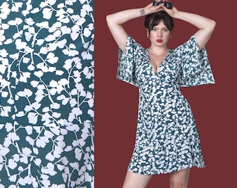 FLUTTER SLEEVE DRESS y2k vestido vintage pura mini vestido campana manga vestido verde floral hoja follaje boho med medio
