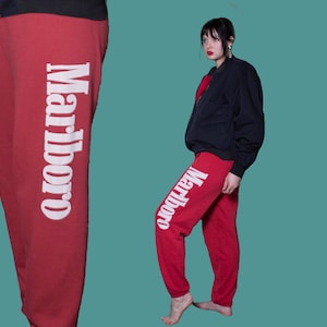 newport cigarettes sweatpants VINTAGE MARLBORO SWEATPANTS Spell Out Leg Logo 80s 90s Red Jogging Women  Men Unisex Med Medium Lg Large Graphic Sweat Pants Cigarette