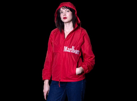 MARLBORO WINDBREAKER JACKET hooded red black spel… - image 1