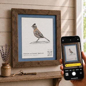 Pode incluir: Uma impressão emoldurada de um tico-tico, Zonotrichia capensis, com uma ilustração detalhada de um pássaro, texto e um código QR. A obra está inserida numa moldura de madeira rústica castanho-escura com uma borda azul.