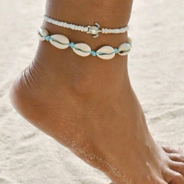 Teal Shell & Beaded Turtle Anklet Set