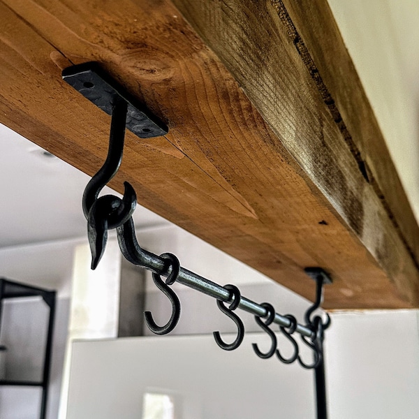 Gesmeed staal muur gemonteerde rack haken, keuken gebruiksvoorwerp rail, metalen keuken muur organisator, moderne boerderij pan haken, keuken decor