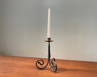 Hand Forged Wrought Iron Candlestick, Gold and Black Steel Holder