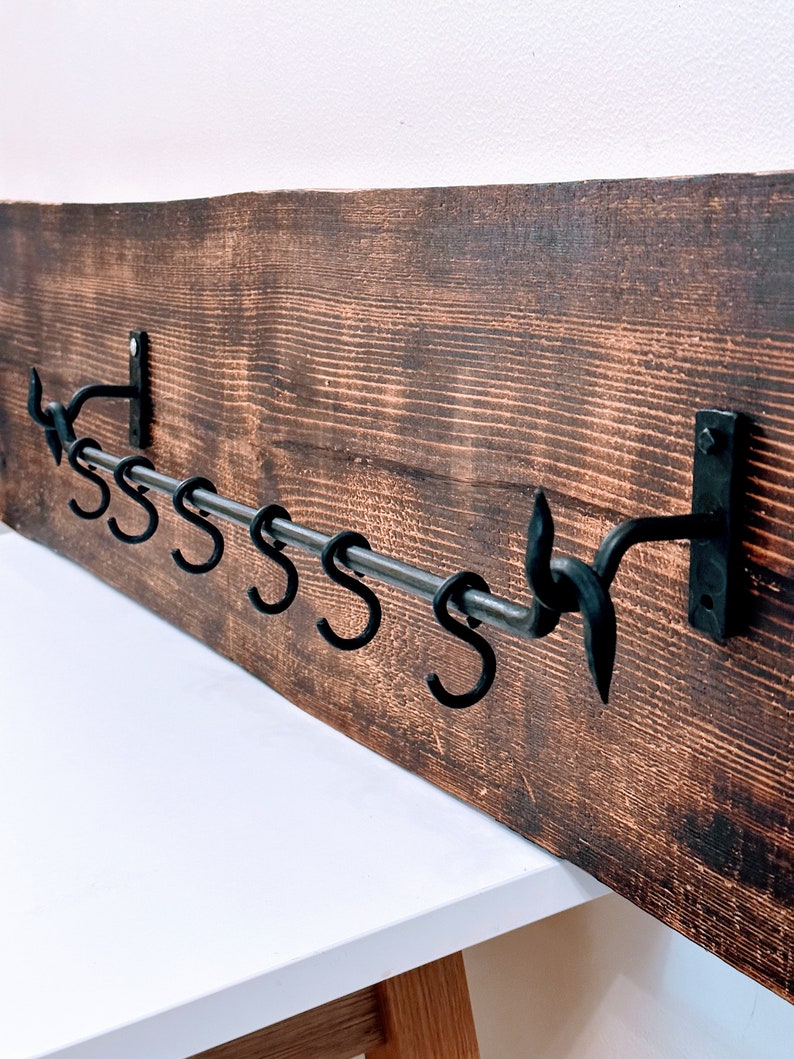 iron hook rail	metal Kitchen Hooks	Sliding Cup Hooks	Pan Rack	Sliding Cup Loop	Black mug holder	Wrought iron	hand forged	Beautiful hanger	Housewarming present	quality handmade	blacksmith made	looks unique