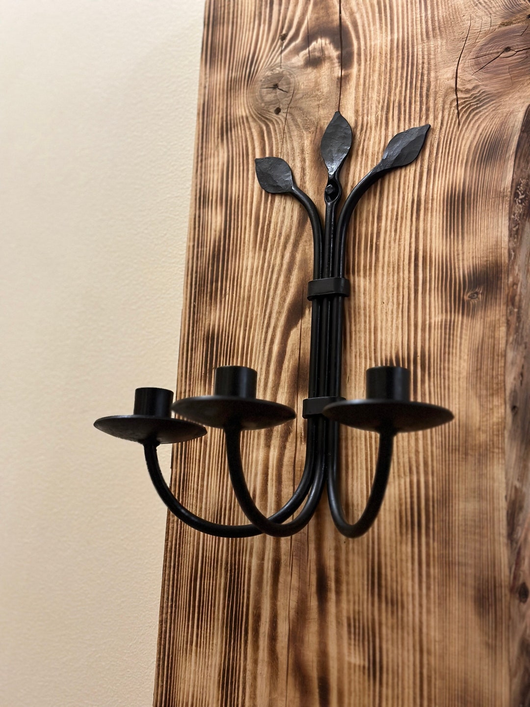 Vintage Black Iron Wall Mount Candle Sconce With Three Candles Holders