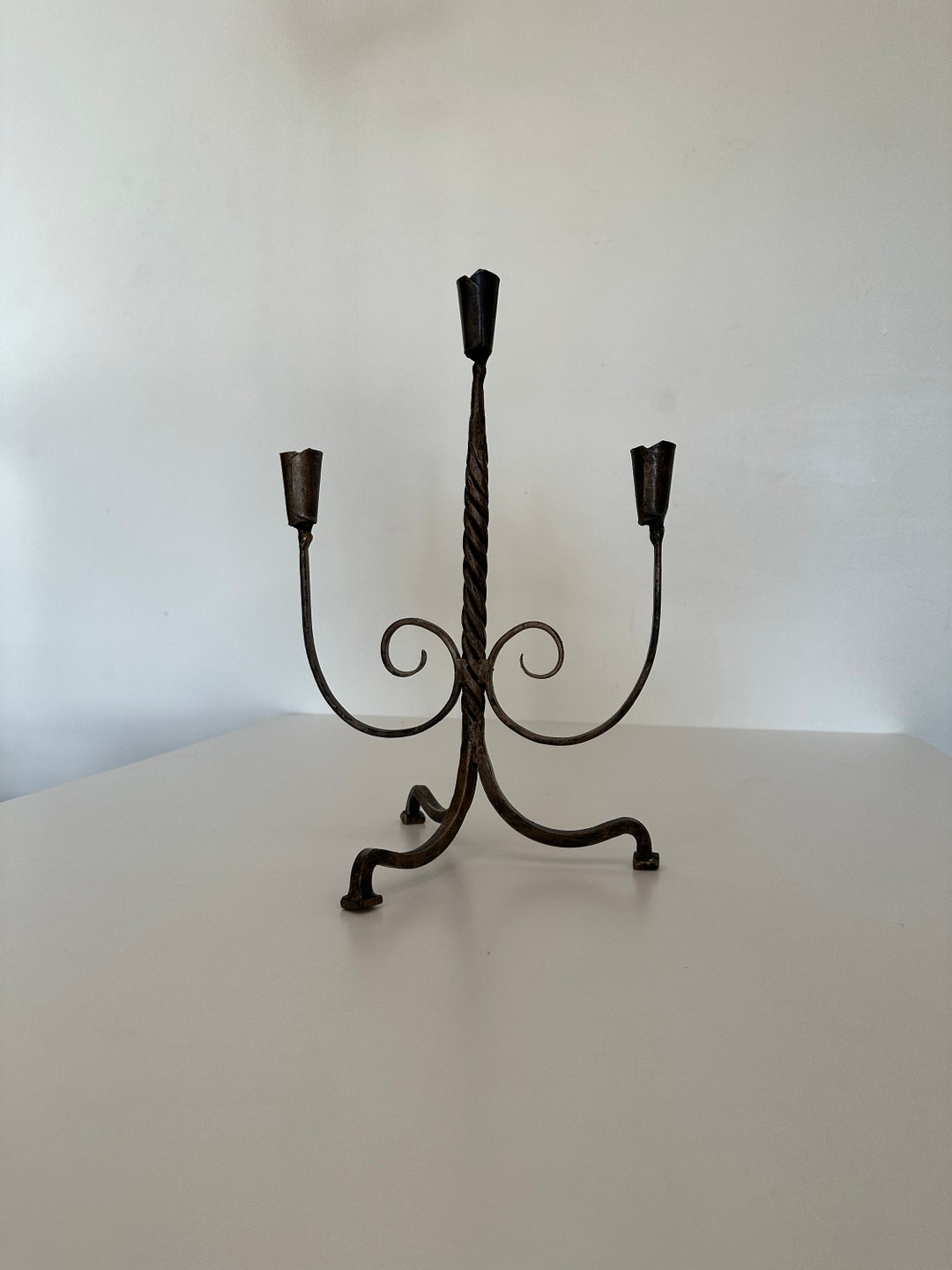 Antique Vintage Wrought Iron Blacksmith Candlestick for Three Candles in Black and Gold Color