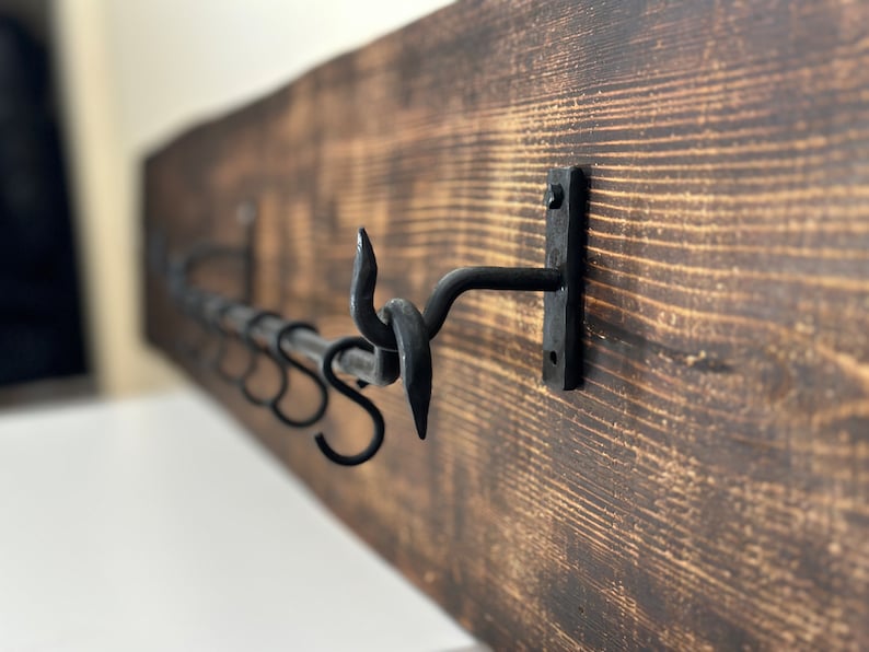 iron hook rail	metal Kitchen Hooks	Sliding Cup Hooks	Pan Rack	Sliding Cup Loop	Black mug holder	Wrought iron	hand forged	Beautiful hanger	Housewarming present	quality handmade	blacksmith made	looks unique