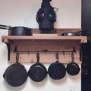 Handcrafted Blacksmith Forged Pan Rack with Sliding Hooks - Rustic Kitchen Storage for Pans, Mugs, and Cups. Wrought iron / steel organizer