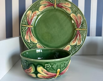 Seltene grüne, rosa und gelbe Libelle von Bordallo Pinheiro