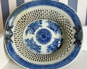 Rara ciotola in castagno traforato blu e bianco / Antica decorazione a trasferimento / Decorazione da cucina in stile chinoiserie