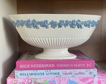 Vintage Wedgwood Embossed Pedestal Bowl | Queensware Oval Serving Dish | Shabby Chic | Lavender Blue On Cream