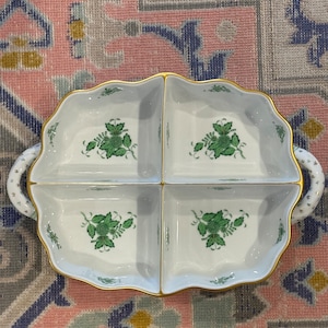 Stunning Herend Porcelain Green Chinese Bouquet Pattern Four Section Serving Dish Double Handle