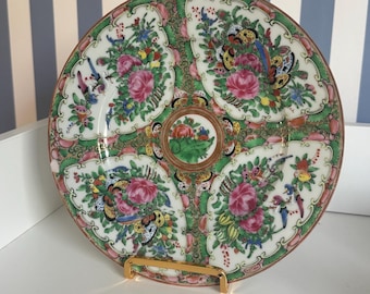 Antieke Rose Canton porseleinen bord 8,25 inch | Chinoiserie bloemen en vogels