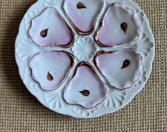 Antique hand painted pink and brown  Oyster Plate - Scalloed Edges 8”