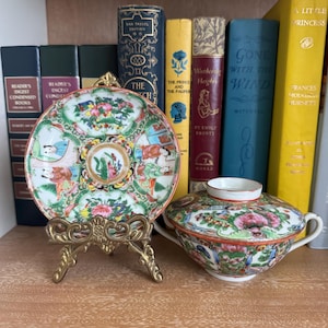 Antique Rose Medallion TeaCup or Bouillon Cup and Saucer | Hand-Painted Porcelain | Famille Rose China | Collectible Antique Teacup