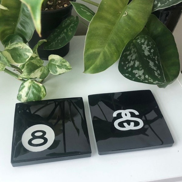 Handmade Resin 8Ball & Double S / Stussy style Square Coaster Set of Four, decor, accessories, gift, custom, bundle, set of 4, set of 2