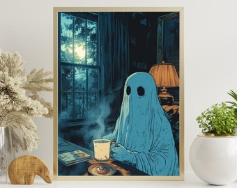 Ghost Drinking Tea, Vintage Poster, Art Poster Print, Dark Academia, Gothic Victorian. Kitchen Decor, Cottagecore, Cute Ghost Wall Hanging,