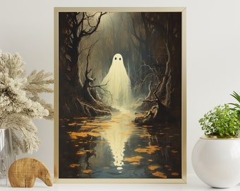 Ghost Standing in a Cornfield, Vintage Poster, Art Poster Print, Dark Academia, Gothic Victorian, Creepy Print, Spooky Ghost Art, Night Art.