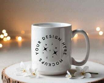 May include: White ceramic mug with a black circle design that says "Your Design Here" with a starburst pattern inside the circle. The mug is sitting on a wooden slice with white flowers.
