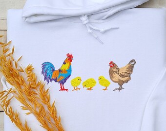 Sudadera unisex con cuello redondo y estampado de pollos bordados