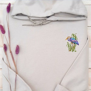 Heron Embroidered Hoodie, Embroidered Heron Hoodie, Bird Hoodie Gift for Bird Lover, Blue Heron Hooded Sweatshirt Unisex, Heron Sweater Gift