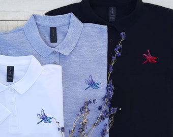 Embroidered Dragonfly Polo Shirt, Dragonfly Embroidered Polo, Dragonfly Embroidered Polo Shirt, Ladies Polo with Dragonfly, Women's Polo.
