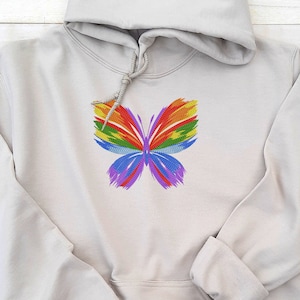 Rainbow Butterfly Embroidered Hoodie, Embroidered Butterfly Hoodie, Butterfly Hooded Sweatshirt Unisex, Butterfly Sweater Gift for Her!