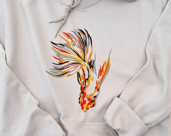 Felpa con cappuccio ricamata con pesce koi: felpa girocollo unisex