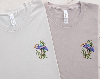 Embroidered Blue Heron T-Shirt: Unisex Bird Lover Tee
