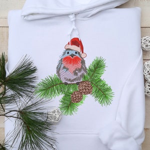 Bullfinch Embroidered Hoodie, Embroidered Bullfinch Hoodie, Winter Bird Hoodie Gift for Friend, Christmas Hooded Sweatshirt Unisex Fleece!