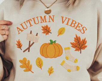 Embroidered Autumn Vibes Hoodie: Cozy Fall Leaves & Pumpkin Design