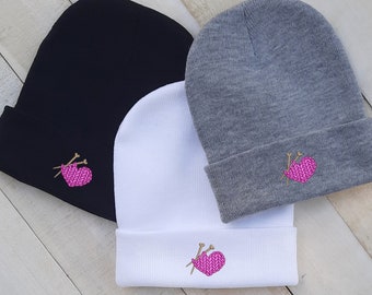 Heart Embroidered Beanie: Cuffed Knit Winter Hat