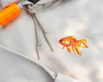 Fish Embroidered Hoodie Goldfish, Custom Embroidered Goldfish Hoodie, Handmade Embroidered Fish Hoodie, Embroidered Hooded Sweatshirt Unisex