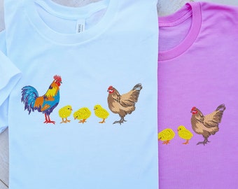 Embroidered Rooster Hen Chicks T-shirt: Unisex Country Farmer Tee