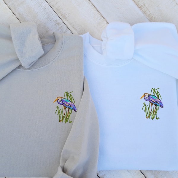 Heron Embroidered Sweatshirt, Embroidered Heron Sweatshirt Unisex, Bird Sweatshirt, Embroidered Blue Heron Sweatshirt Gift for Birds Lover!