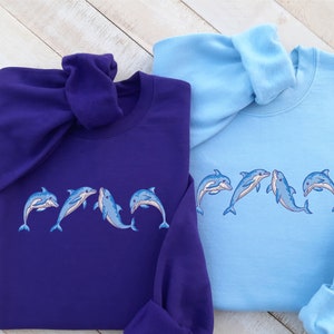 Cute Dolphin Embroidered Crew Neck Sweatshirt - Soft Cotton