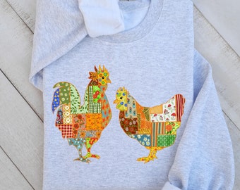 Patchwork Rooster Sweatshirt: Colorful Farmhouse Folk Art Pullover