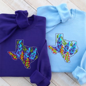 Geborduurd Texas Sweatshirt met Bluebonnets, Geborduurd Bluebonnet Sweatshirt Unisex, Crewneck Sweatshirt Geborduurde Texas State Map!