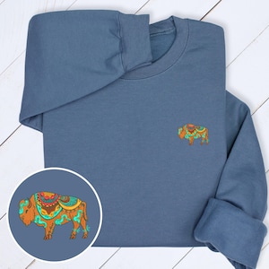 Colorful Buffalo Embroidered Hoodie & Sweatshirt, Western Bison Gift, Unique Boho Wildlife Outfit, Cozy Country Style Unisex Apparel