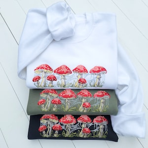 Red Amanita Mushroom Embroidered Sweatshirt & Hoodie, Cottagecore Mushroom Lovers Gift, Amanita Crewneck, Perfect Gift for Friends!