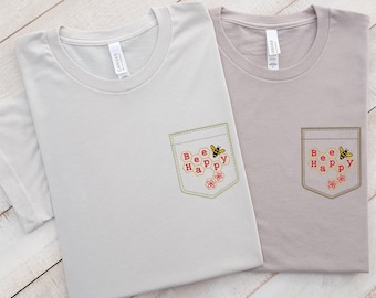 Bee Happy Embroidered Pocket Tee - Unisex Honey Bee T-Shirt