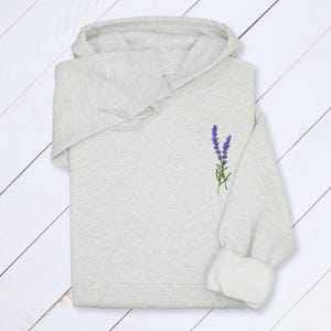 Lavender Embroidered Hoodie: Botanical Wildflower Sweatshirt, Cottagecore Gift Ash