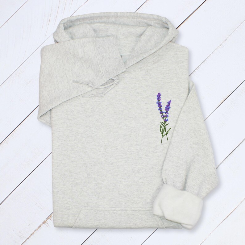 Lavender Embroidered Hoodie: Botanical Wildflower Sweatshirt, Cottagecore Gift Ash