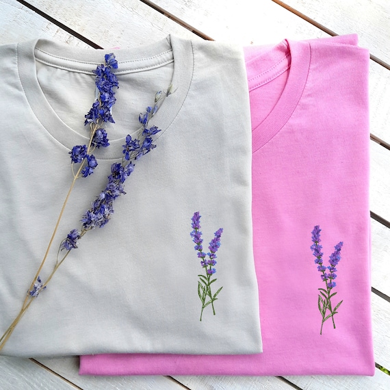 Lavender Embroidered T-shirt, Minimalist Botanical Shirt