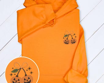 Embroidered Halloween Sweatshirt: Pumpkin Cherry Cotton Crewneck, Fall Spooky Season Pullover