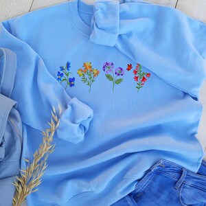 Wildflower Embroidered Hoodie & Sweatshirt, Colorful Botanical Pullover, Nature Inspired Floral Gift, Cozy Garden Aesthetic Top