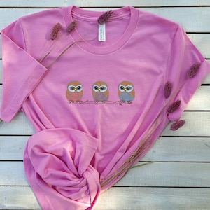 Three Owls Embroidered Tee, Unisex Bird Lover T-Shirt, Owl Wildlife Shirt, Perfect Gift for Nature Enthusiasts!