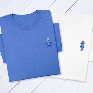Broderad havs-T-shirt, sjöstjärna, sjöhästdesign, gåva för havsälskare