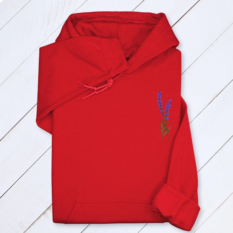 Lavender Embroidered Hoodie: Botanical Wildflower Sweatshirt, Cottagecore Gift Cherry Red